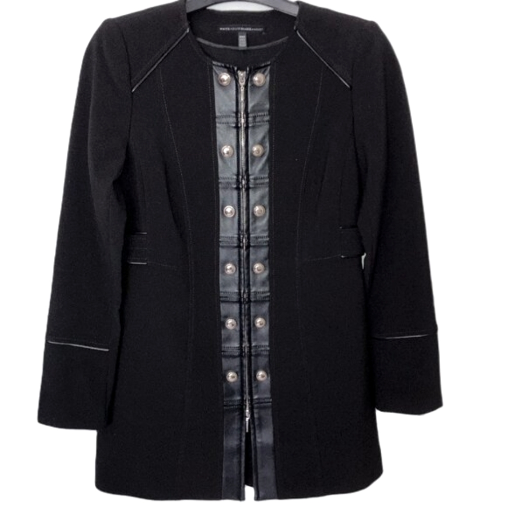 WHBM Black Coat with Faux Leather Piping, Gold Buttons, Two-Way Zipper, Size XXS